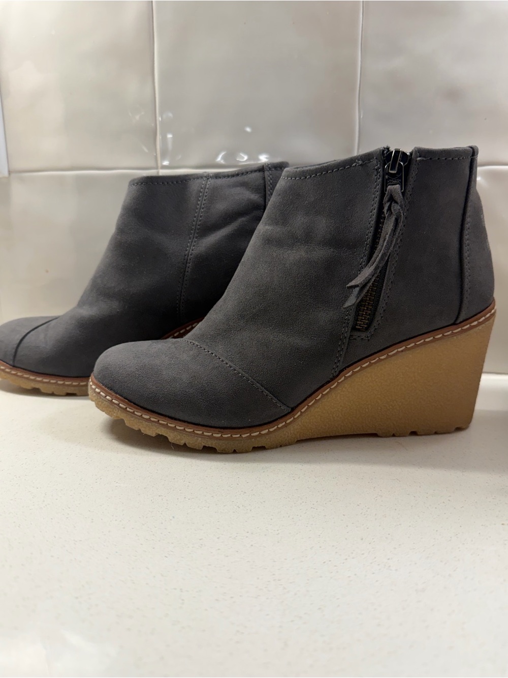 Toms Gray Suede Wedge Ankle Booties with Tan Wedge